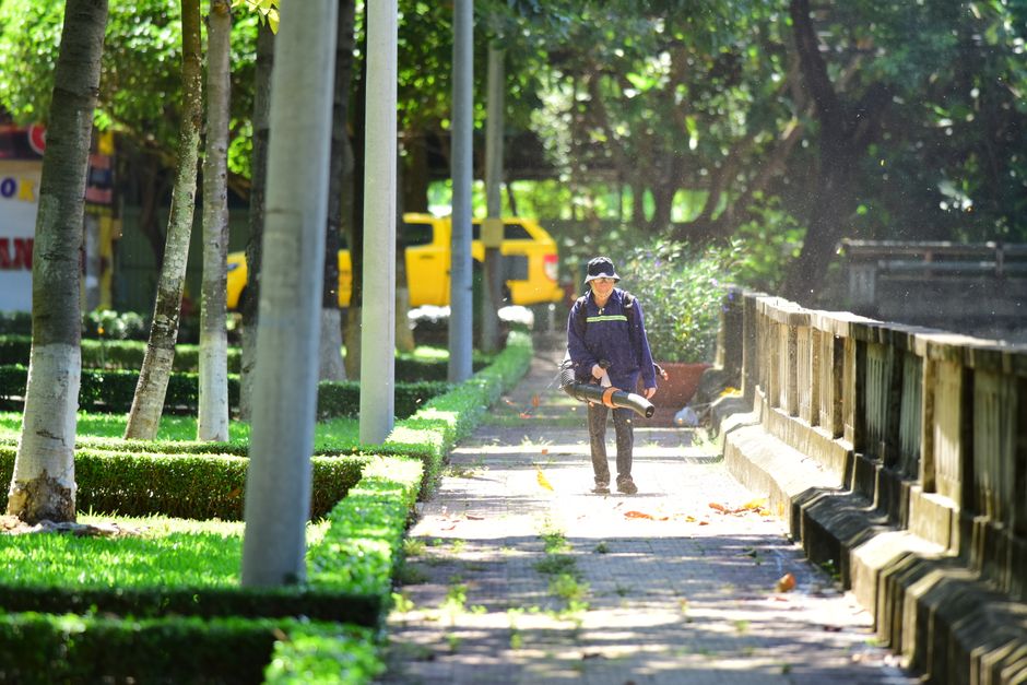 A person wearing a dark blue jacket with reflective strips, dark trousers, and a white cap is walking along a paved sidewalk while holding a leaf blower. The sidewalk is lined with neatly trimmed green hedges, and several slim tree trunks with textured bark are visible on the left, casting dappled sunlight onto the pathway. In the background, behind the person, there is a yellow vehicle parked partially behind foliage, with a row of metal poles supporting overhead wires. To the right, a wooden railing runs parallel to the sidewalk, separating the pedestrian area from the street or possibly a drop, with some fallen leaves scattered on the ground, which the leaf blower appears to be clearing. The scene is outdoors in a well-maintained urban or suburban environment with lush green trees and natural light filtering through the leaves, highlighting that this is a routine outdoor maintenance activity related to waste or debris removal, consistent with private or independent rubbish clearance services such as those offered by Rubbish Collection Barnet.